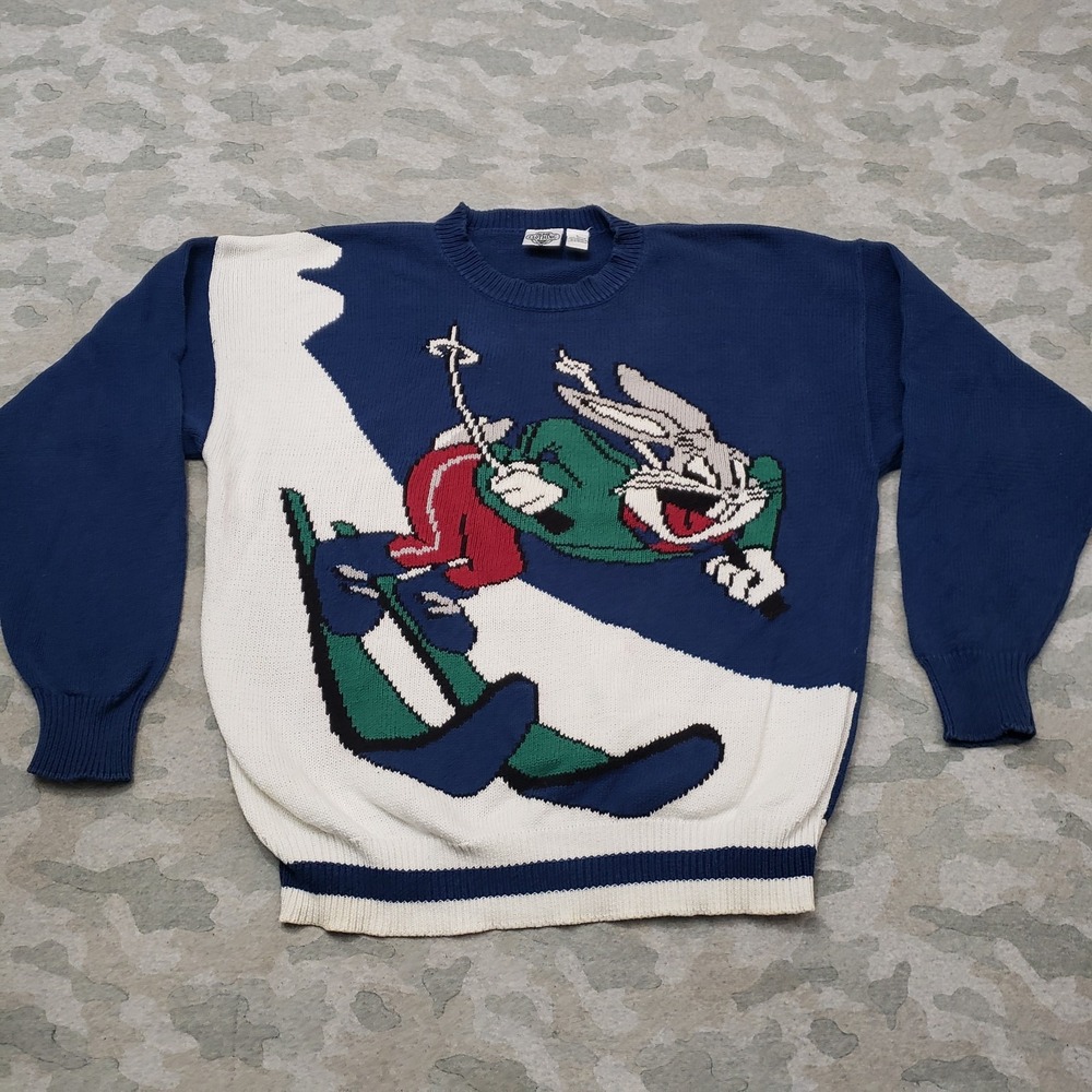 VTG Bugs Bunny Sweater Mens Large Blue Pullover Acme‎ Clothing Skiing